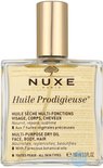 Glazen fles Nuxe Huile Prodigieuse multi-purpose dry oil met gouden dop, met spiegeling.