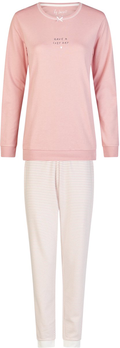 By Louise Dames Winter Pyjama Set Lang Interlock Roze/Wit Gestreept