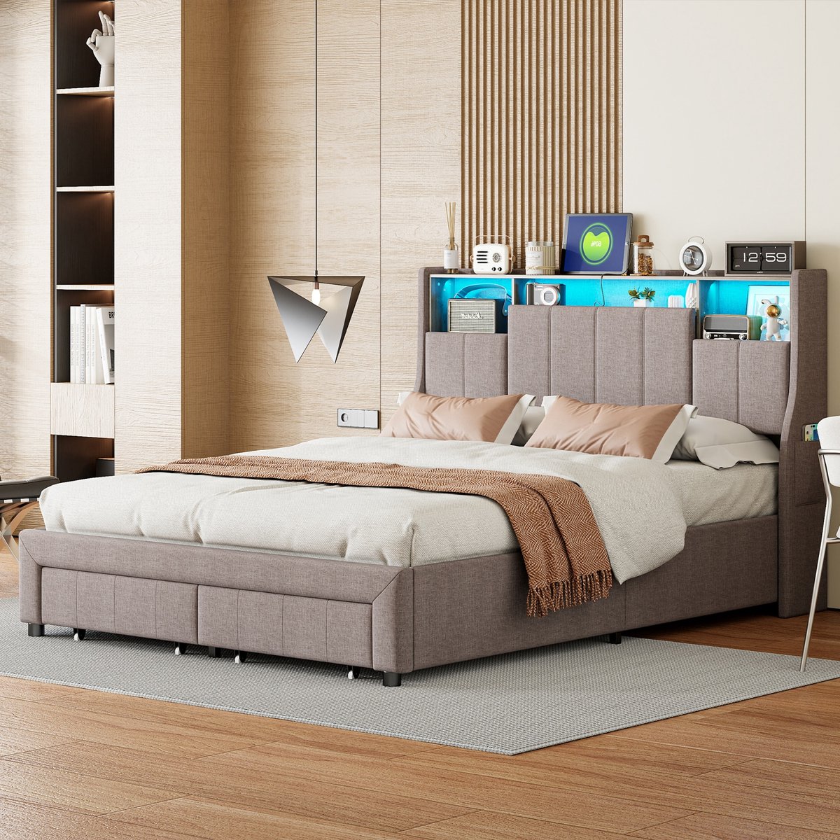 Modern tweepersoonsbed met 2 lades en hoofdbord, gestoffeerd bed 140 x 200 cm met ledverlichting en USB-oplaadpunt, tweepersoonsbed met lattenbodem, linnen, grijs (140 x 200 cm)