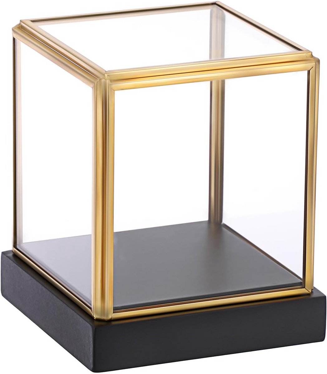 Glazen Vitrine met Gouden Metalen Frame en Zwarte Basis voor Display van Verzamelingen