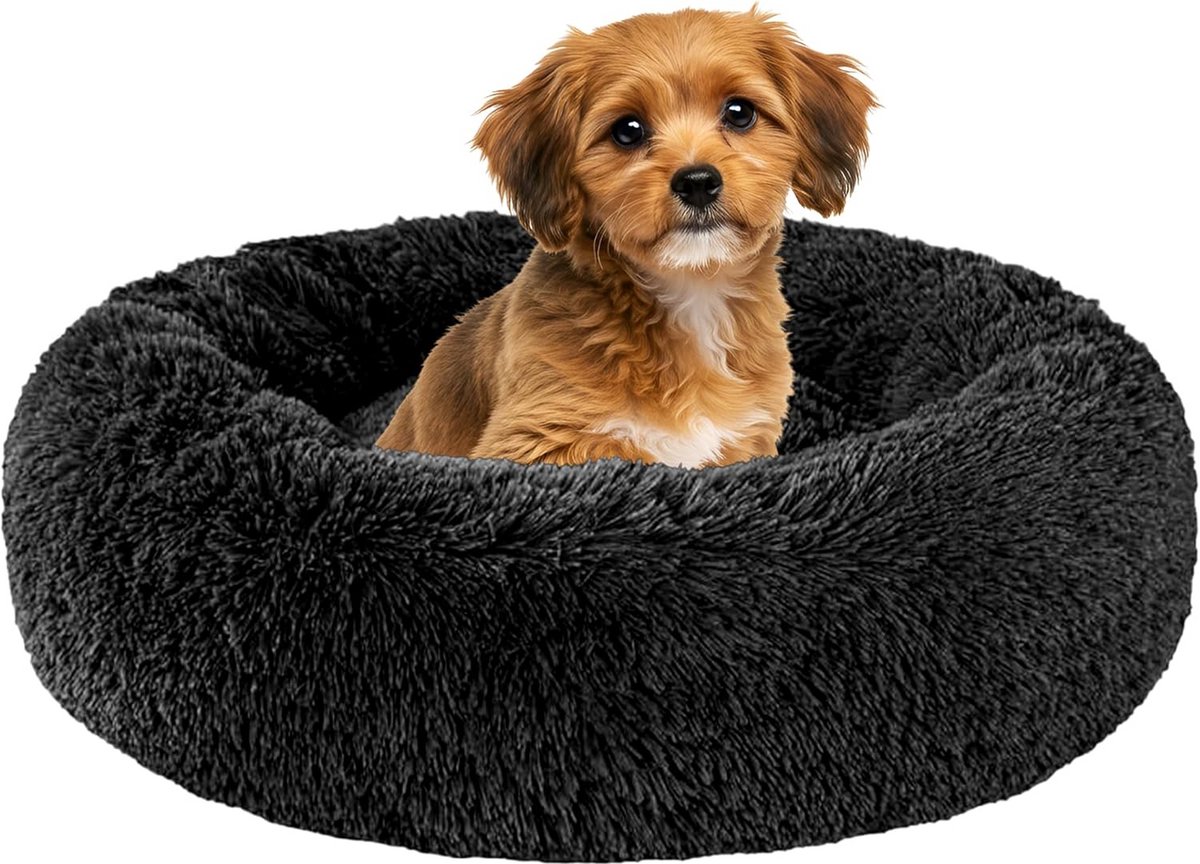 Rond Donut Hondenmand Zwart - Zacht en Comfortabel Hondenkussen (60 cm)