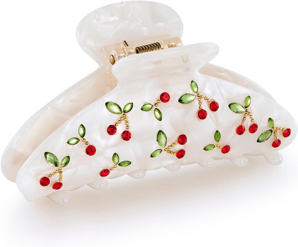 Witte Kersen Haarclip met Strass - Antislip Klauwclip Middelgroot voor Dik en Fijn Haar