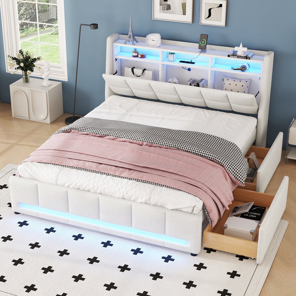STILVORA Gestoffeerd bed 140x200cm – Tweepersoonsbed Met Opberglades & USB – LED Sfeerverlichting Met App – Linnen – Beige – Zonder matras