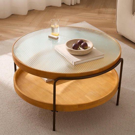 Ronde Salontafel met 2 Verdiepingen Gehard Glas en Houten Dienblad ...