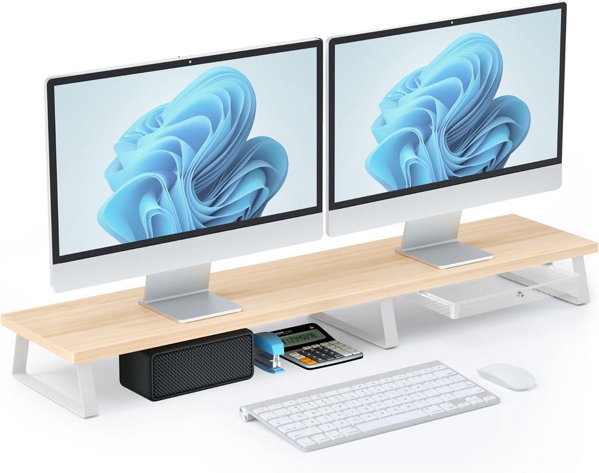 Dubbele Monitorstandaard met Opberglade en Houten Plank