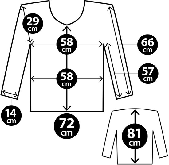 Maattekening van een blouse met afmetingen in cm: breedte 58, mouwlengte 66, kraag 29, taille 58, lengte 72, schouder 14, ruglengte 81.