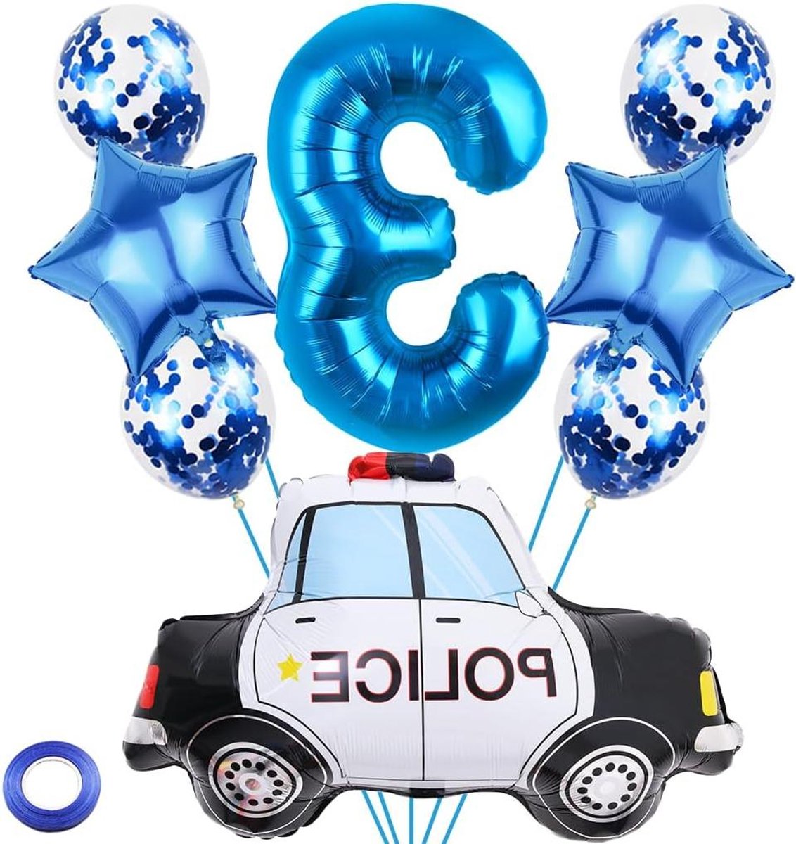 Ronte - Politie Verjaardagsfeestje Decoratie Set - Blauwe Folieballon Cijfer 3 - Grote Politieauto Ballon - Jongens Verjaardag Thema Decoratie