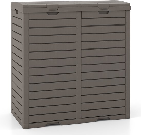 Boîte à déchets en plastique gris avec double porte, motif à nervures horizontales sur les portes et les côtés.