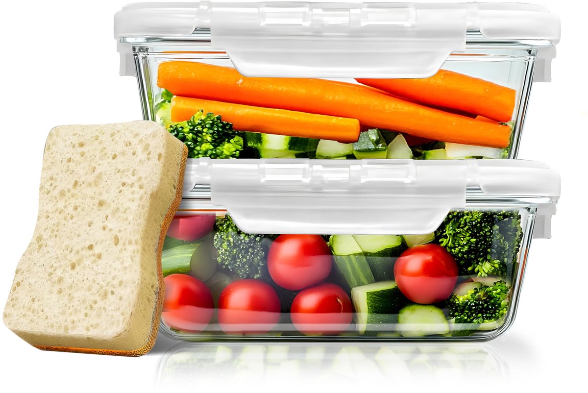 Unyqoos® Set van 2 glazen maaltijdcontainers met luchtdichte deksels en ruime inhoud