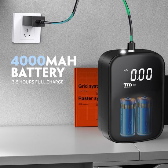 Ynkkvre – luchtpomp – 150 PSI mini luchtcompressor elektrisch met digitaal LED-display en LED-licht – 4000 mAh accu – voor auto, fiets, motor, basketbal, voetbal — afbeelding 4