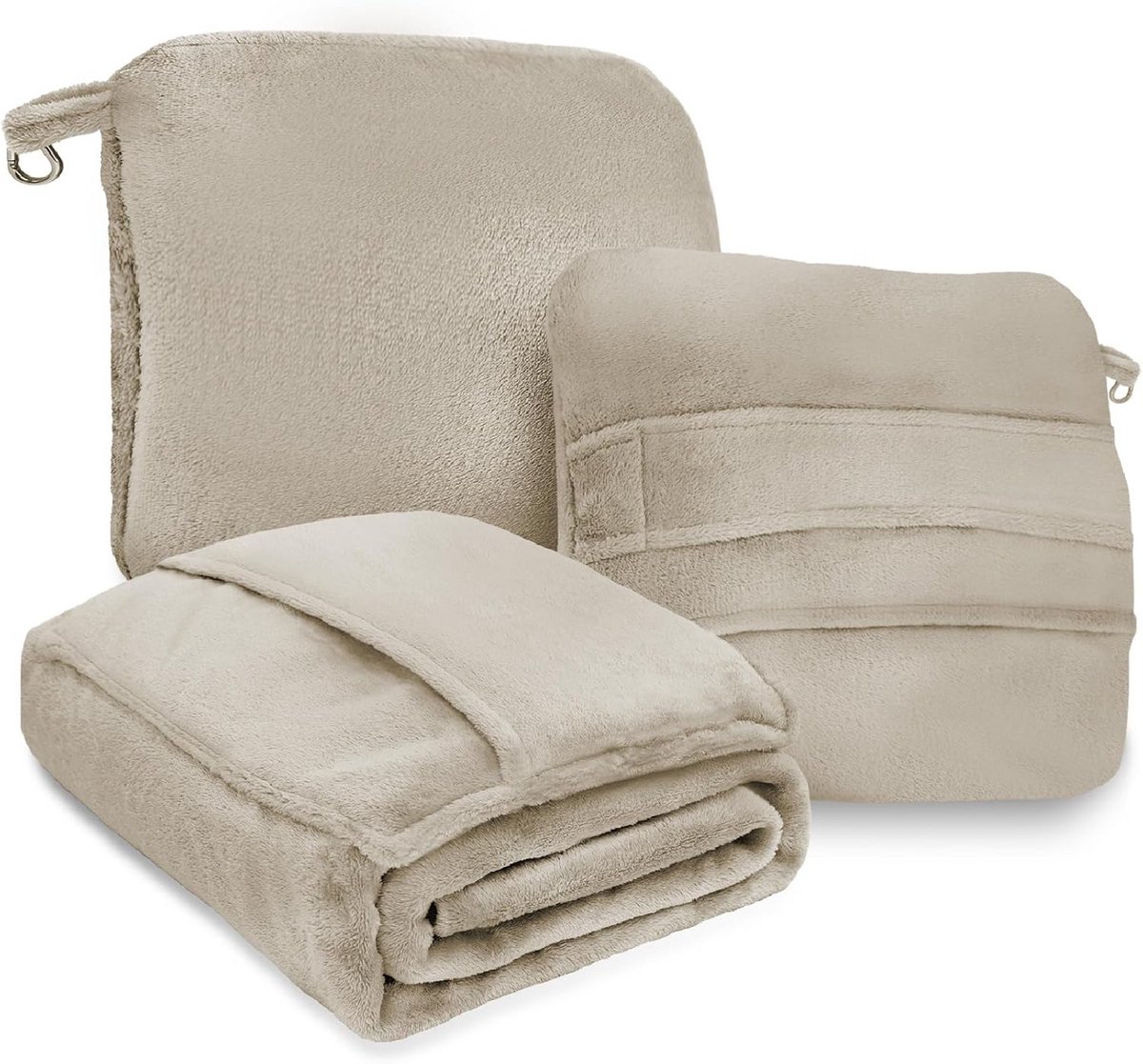 4-in-1 Compact Dekenkussen Superzacht Fleece met Rugzakclip en Bagagehoes, Bruin, 152 cm x 115 cm