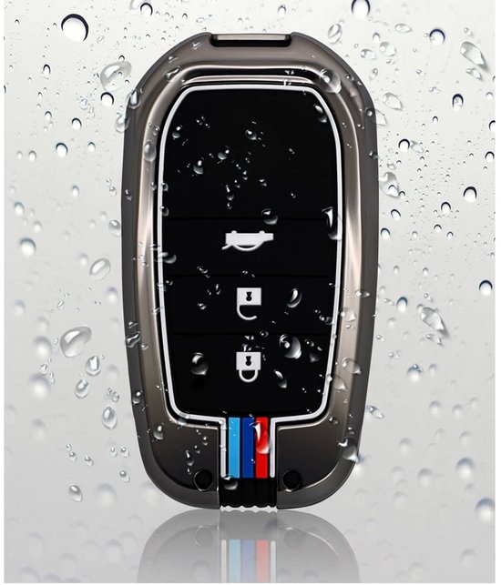 Grijze autosleutelcover met 4 knoppen, tri-color strepen en waterdruppels.
