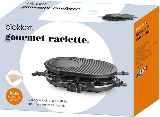 Blokker Raclettegrill - Gourmetset - 8 Pannen - Indicatielampje - Regelbare thermostaat - ILAG Coating - Stalen grillplaat - 8 spatels - Antislip - RG-131524.1 Zwart — afbeelding 5