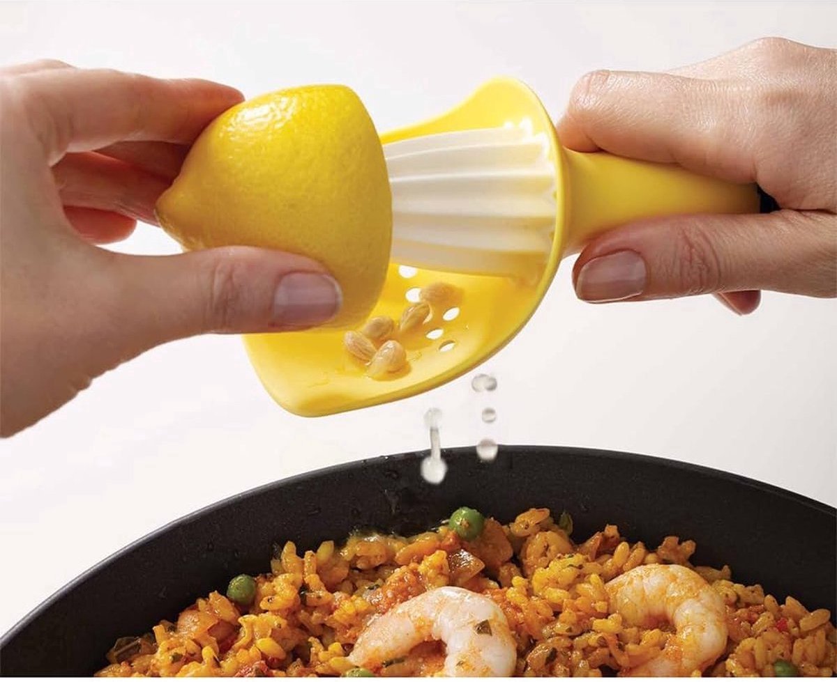Stunq® Handmatige citruspers, citroenpers, sinaasappelpers, limoenpers met lekbak, geel
