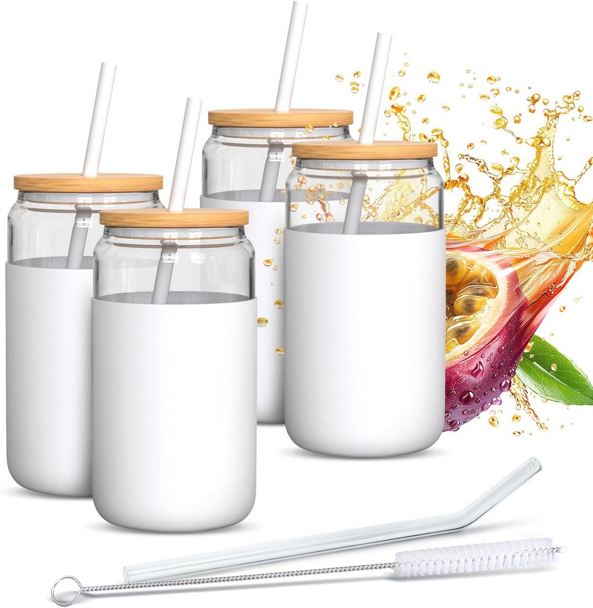 Drinkglas 500 ml met Siliconen en Bamboe Deksel - Temperatuurbestendig met Rietjes