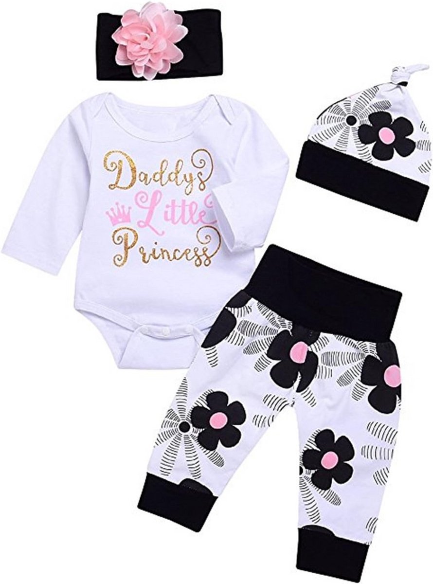Schattige 4-delige Set Voor Pasgeboren Babymeisjes: Rompertje, Bloemenbroek, Hoed en Hoofdband
