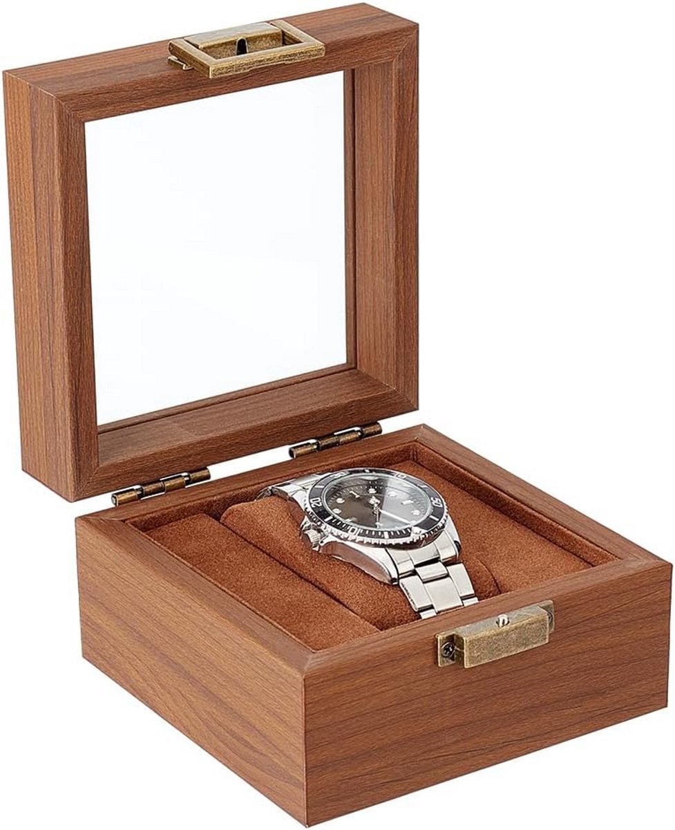 Houten Horloge Display Stand met Glas Venster - Horlogehouder voor Bescherming en Presentatie - Bruin