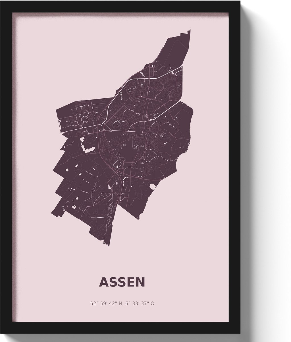 Poster Assen A2 - 42 x 59,4 cm - Paars Inclusief lijst (Zwart MDF)