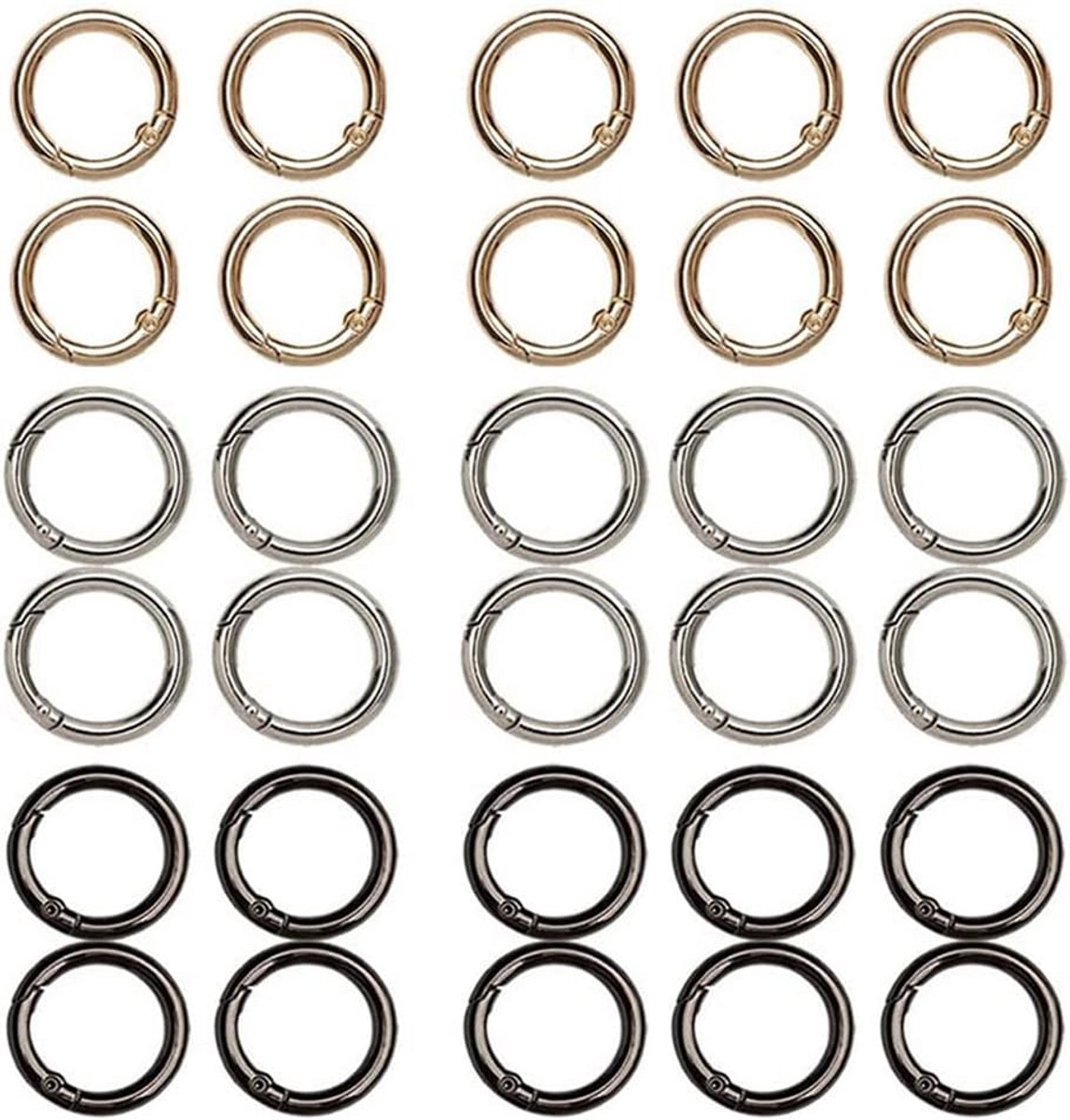 30x Ronde Karabijnhaken (20mm) - Set Sleutelringen voor Knutselen & Tassen - Goud, Zilver & Zwart