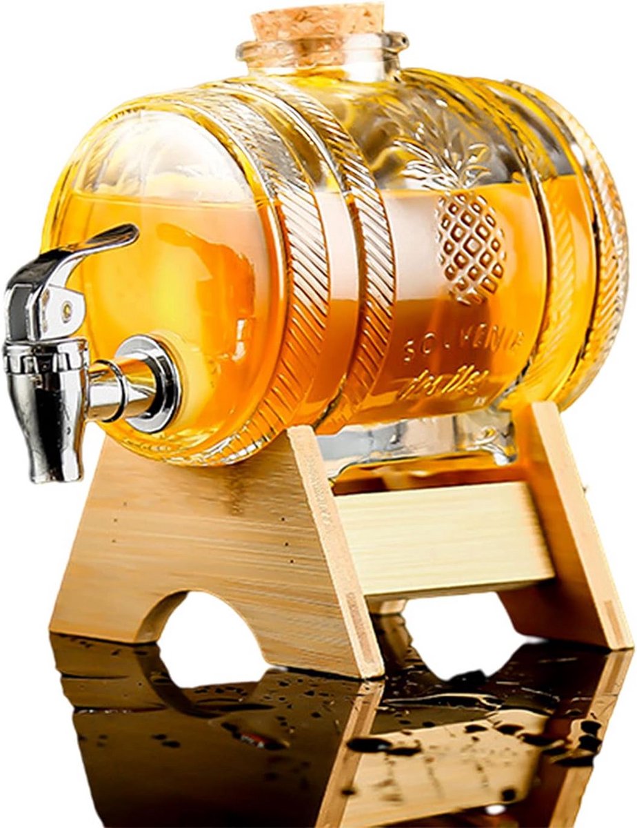 Drankdispenser van Glas met Houten Standaard en Kraan voor Dranken en Limonade