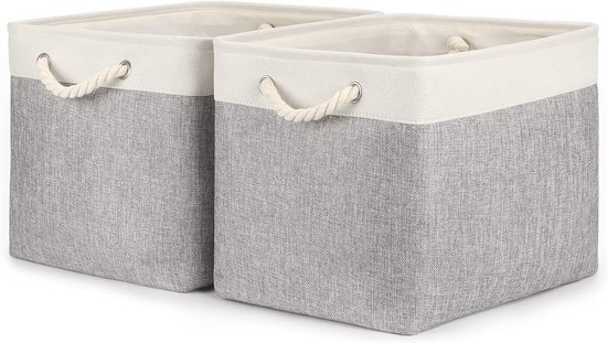Mangata Opvouwbare opbergkubusdozen, 28 cm kubus linnen geweven stoffen opbergmanden met lederen handgrepen 4 stuks (grijs