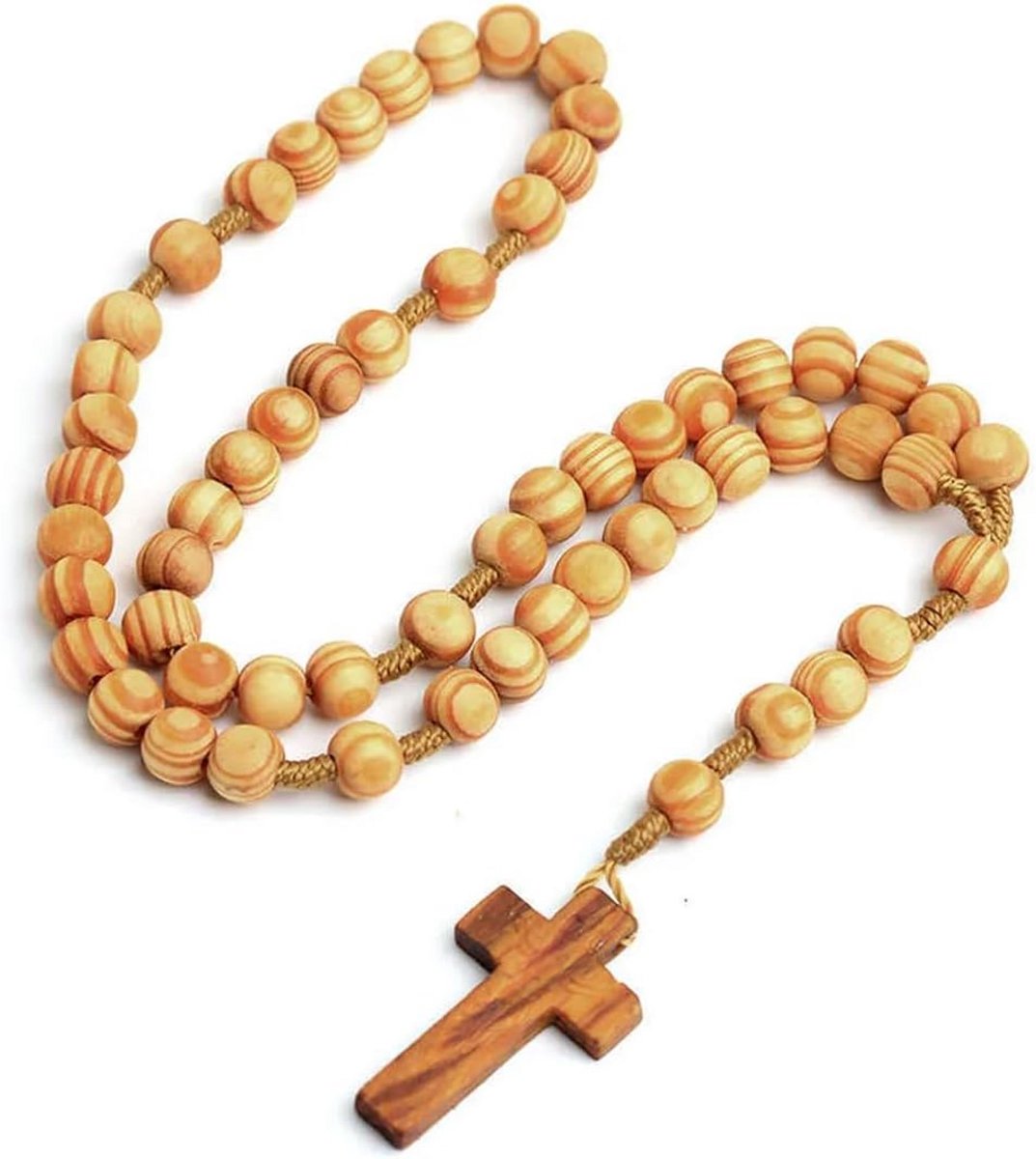 Rozenkrans Ketting Houten Kralen met Sint Benedictus Medaille - Lang Gebedssnoer