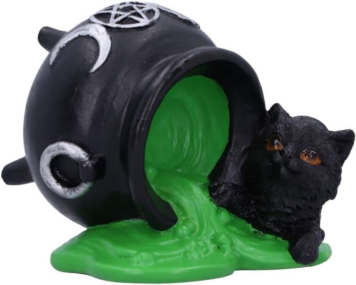 Zwarte kat beeldje met ketel - decoratie kat in ketel - handgeschilderd hars beeldje