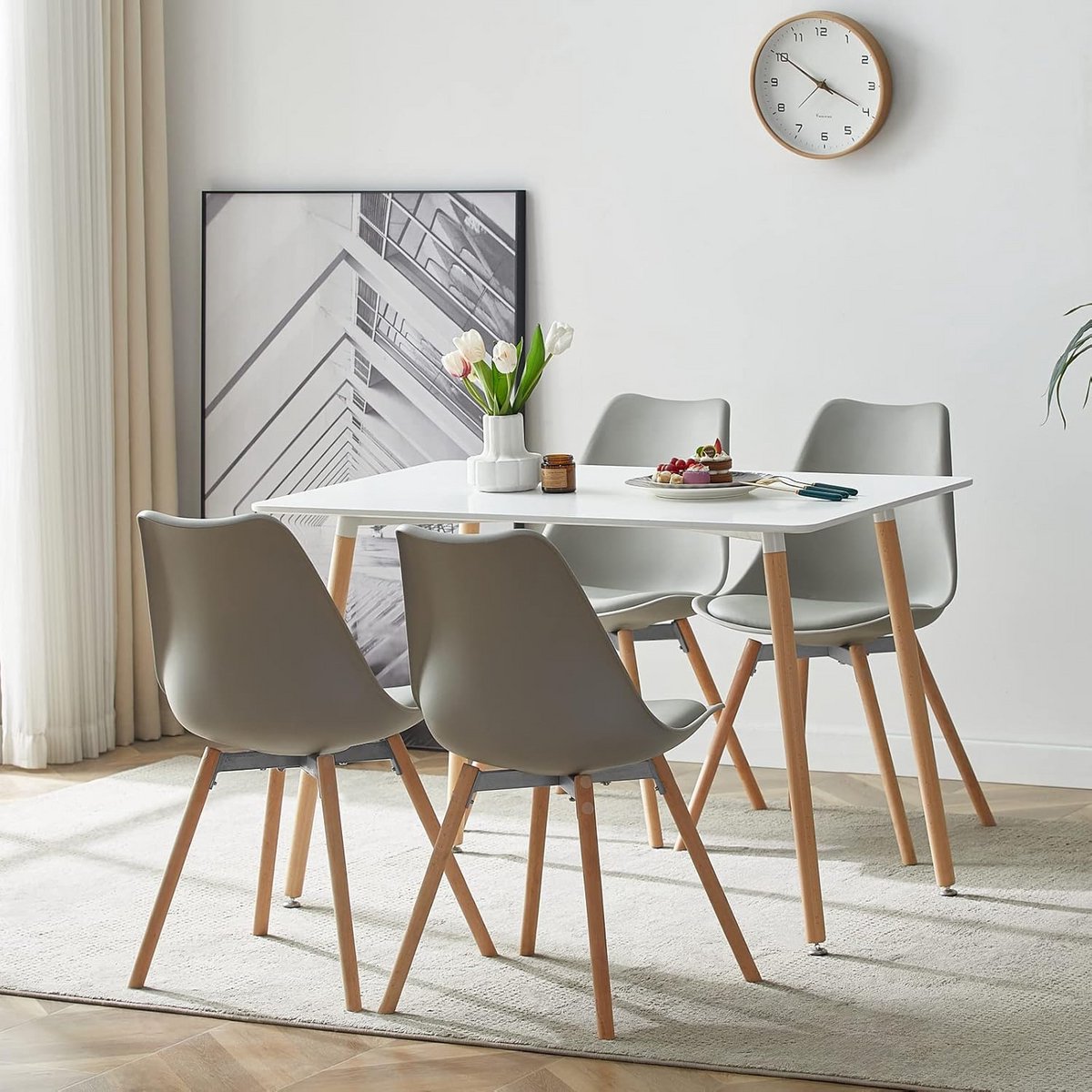 Eettafelset rechthoekig met 4 stoelen - witte tafel en grijze stoelen