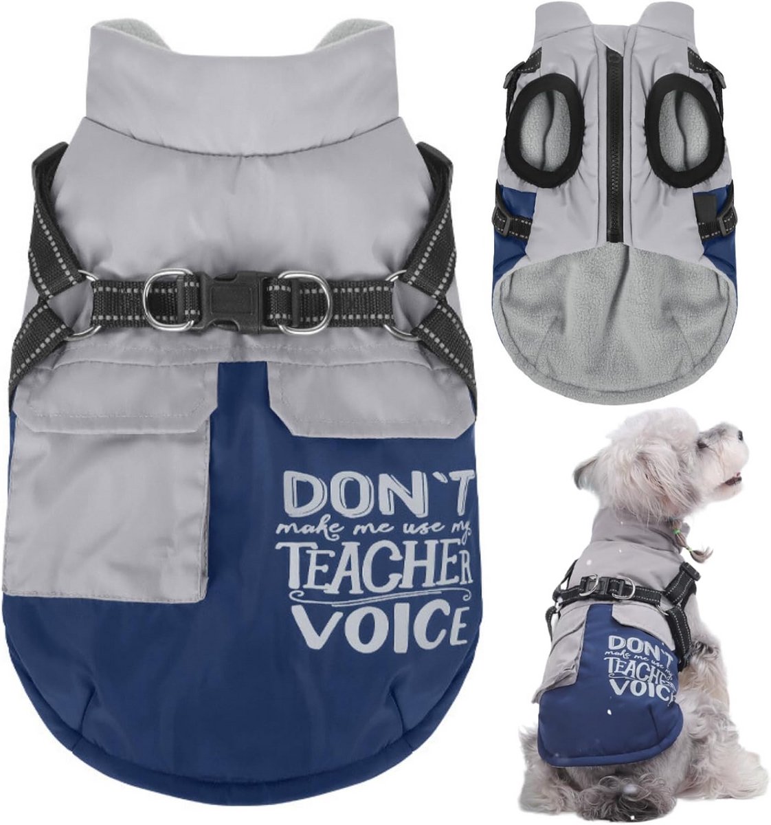 Waterdichte Hondenjas met Harnas en Reflecterende Ritssluiting voor Kleine tot Middelgrote Honden - Blauw