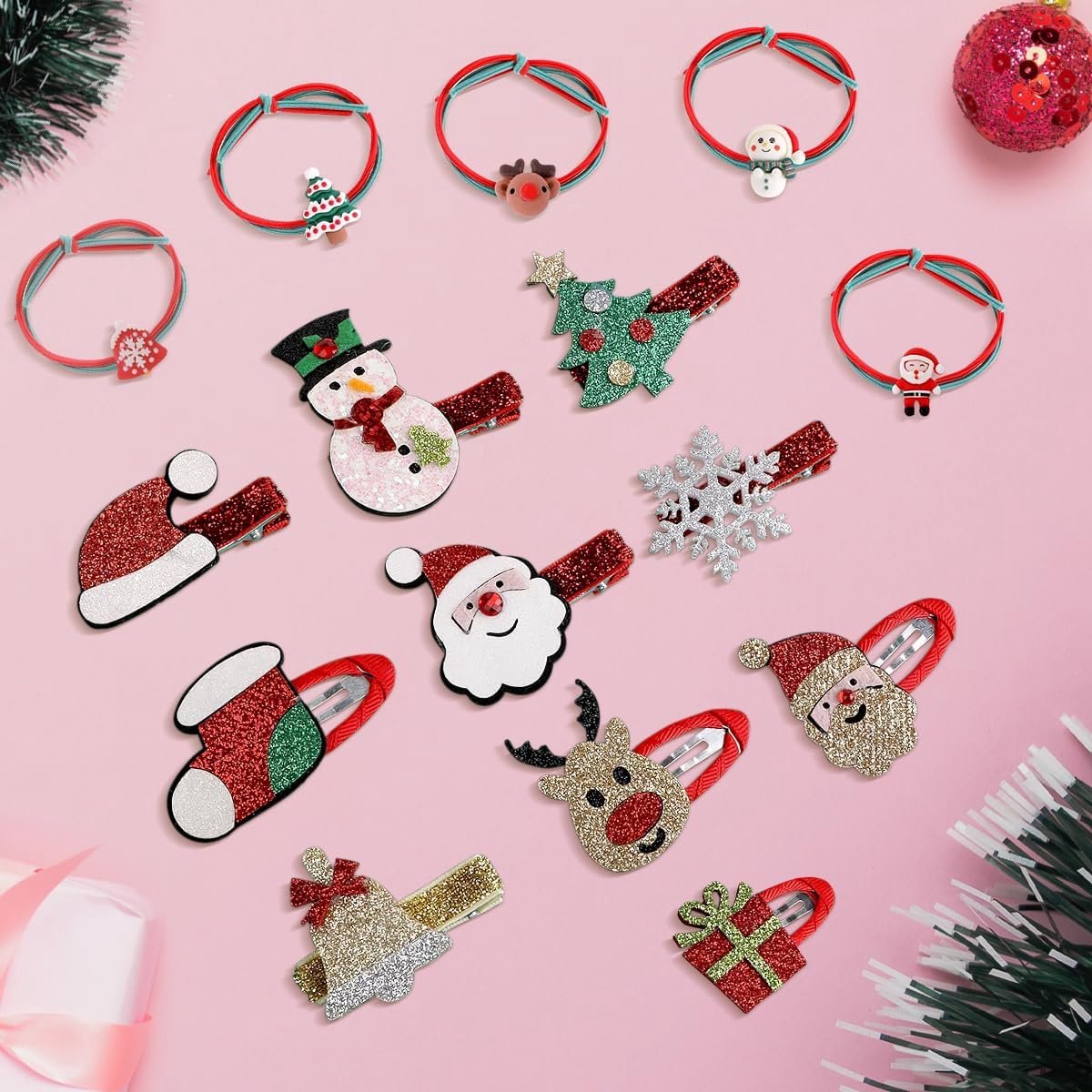 Kerst Haaraccessoires Set - 15 Delig met Haarclips en Haarstrikkens voor Kinderen en Vrouwen