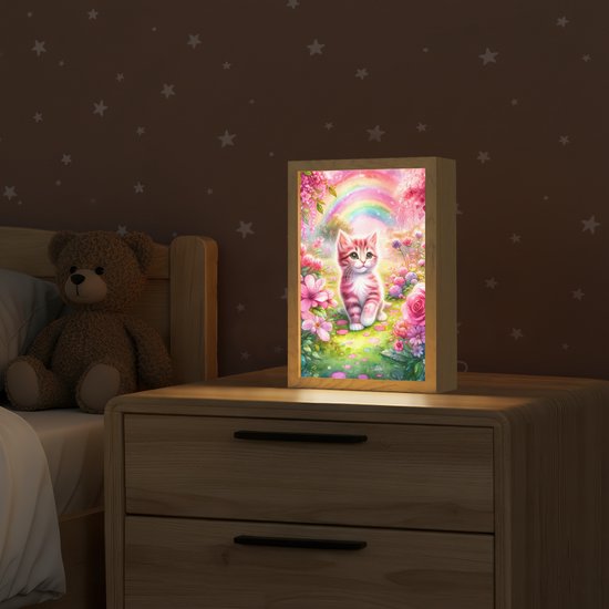 Nachtlampje 20x30 cm - Kinder lampje - Kitten - Roze - Kat - Regenboog - Bloemen - Tafellamp kinderkamer - Slaapkamer lamp - Bedlamp kinderen - Kinderlampje stopcontact - Wandlamp babykamer - Nachtlampjes van Merkloos — afbeelding 2