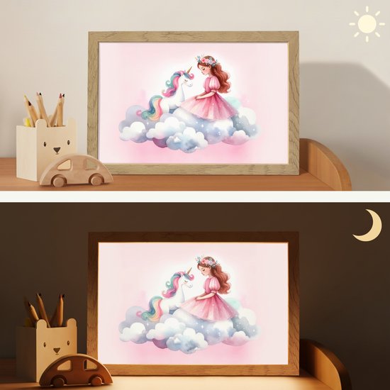 Nachtlampje 30x20 cm - Kinder lampje - Eenhoorn - Prinses - Unicorn - Roze - Wolken - Tafellamp kinderkamer - Slaapkamer lamp - Bedlamp kinderen - Kinderlampje stopcontact - Wandlamp babykamer - Nachtlampjes van Merkloos — afbeelding 4