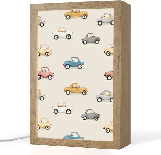 Nachtlampje 20x30 cm - Kinder lampje - Kleurrijke - Retro - Autootjes - Tafellamp kinderkamer - Slaapkamer lamp - Bedlamp kinderen - Kinderlampje stopcontact - Wandlamp babykamer - Nachtlampjes
