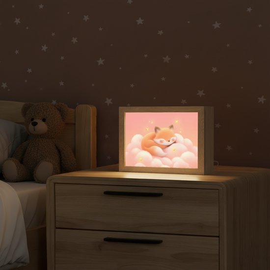 Nachtlampje 20x15 cm - Kinder lampje - Wolken - Vos - Oranje - Sterren - Tafellamp kinderkamer - Slaapkamer lamp - Bedlamp kinderen - Kinderlampje stopcontact - Wandlamp babykamer - Nachtlampjes van OnlyWow — afbeelding 2