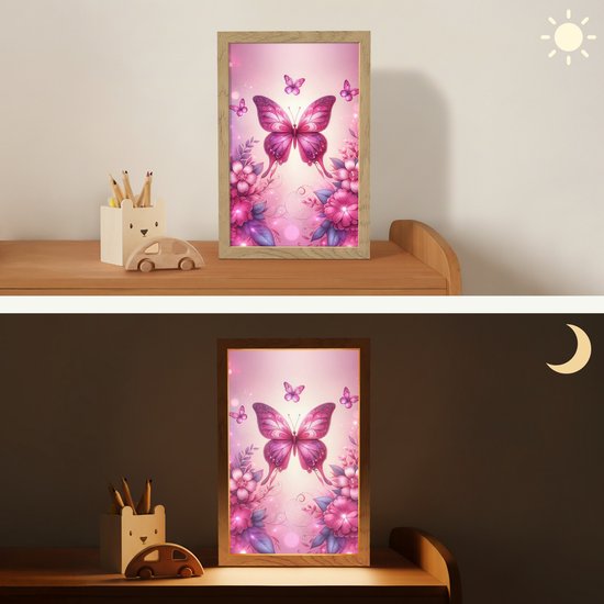 Nachtlampje 20x30 cm - Kinder lampje - Vlinder - Roze - Bloemen - Tafellamp kinderkamer - Slaapkamer lamp - Bedlamp kinderen - Kinderlampje stopcontact - Wandlamp babykamer - Nachtlampjes van Merkloos — afbeelding 4