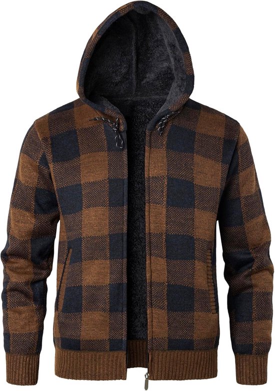 Bruin en zwart geruit vest met capuchon, ritssluiting en donker fleece voering.