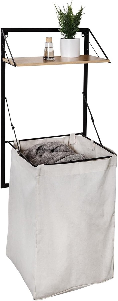 Opvouwbare wandgemonteerde kledingmand met canvas waszak en houten plank