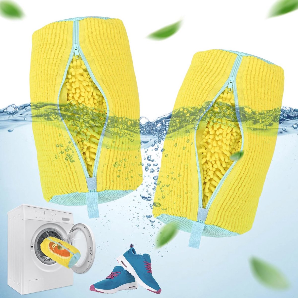 Set van 2 herbruikbare schoenwaszakken voor wasmachine - 360° fluwelen sneakerreiniging in geel