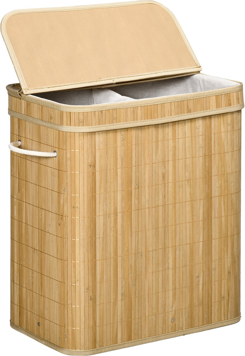4goodz Wasmand Bamboe met Deksel 2 Vakken 90 Liter - Bruin