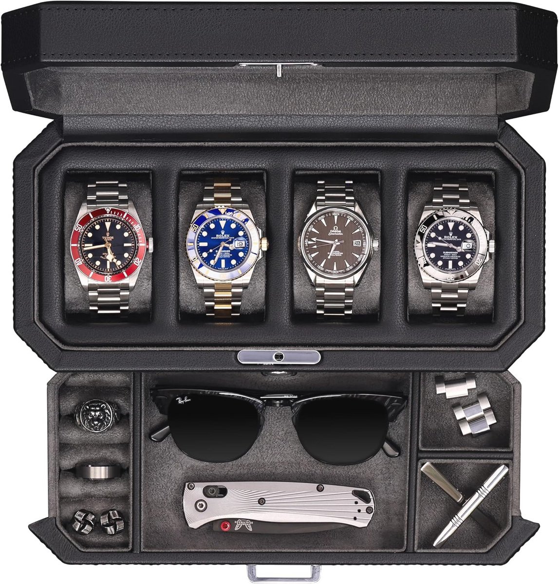 Leren Horlogedoos met 4 Compartimenten en Valet Lade - Luxe Display Cabinet en Juwelen Organizer