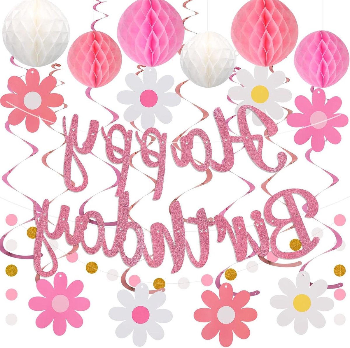 Allecta - Verjaardagsdecoraties set - Happy Birthday-banner - Hangende decoratie met honingraatballen - Feestdecoraties
