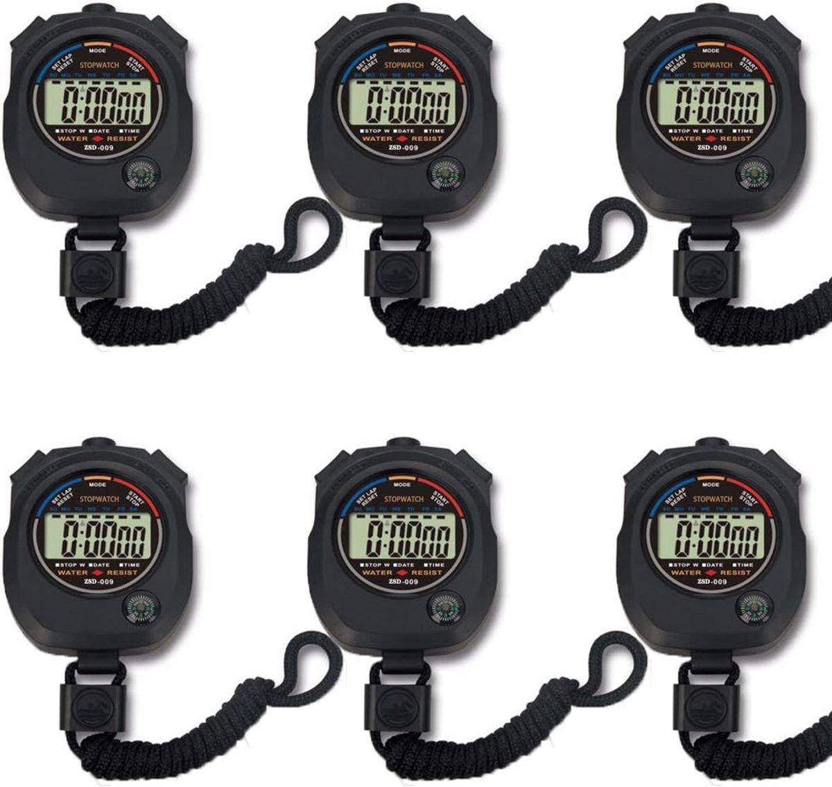 Deze set van 6 multifunctionele elektronische digitale sportstopwatches is voorzien van een groot scherm met datum-, tijd- en alarmfunctie, waardoor ze geschikt zijn voor sportcoaches, fitnessinstructeurs en scheidsrechters.
