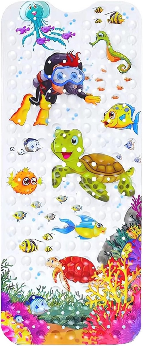Antislip badmat voor kinderen - Cartoon zeedier badmat, 100 x 40 cm, machinewasbaar en antislip