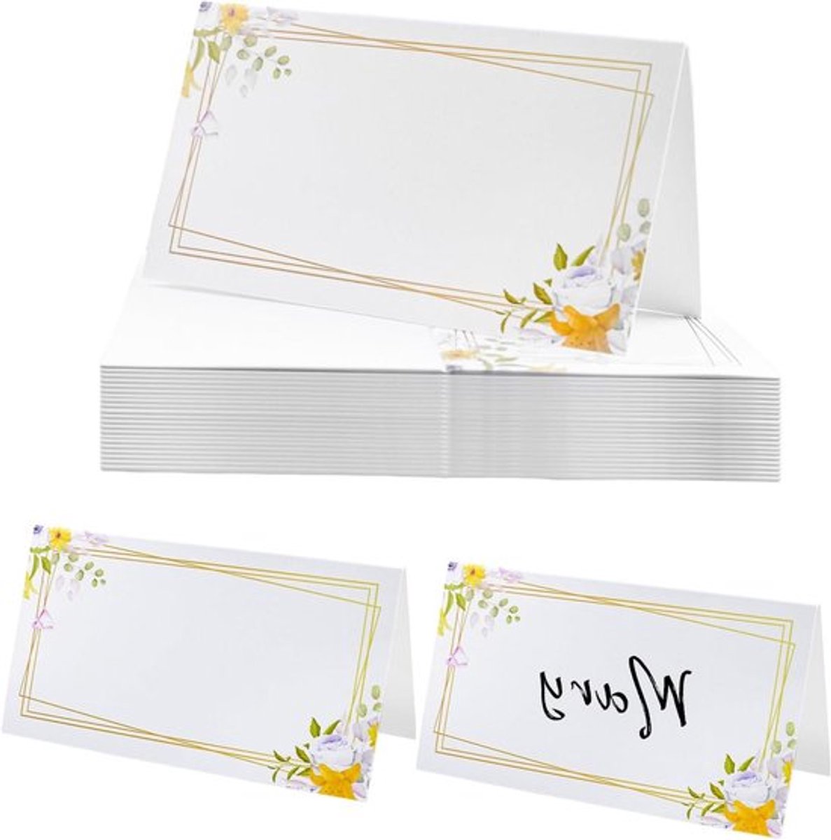 Image of 100 stuks gele bloem goud frame zitplaats kaarten blanco tafel tent kaarten voor diner partijen banketten bruiloft tafel decor - Stoel vouwkaart
