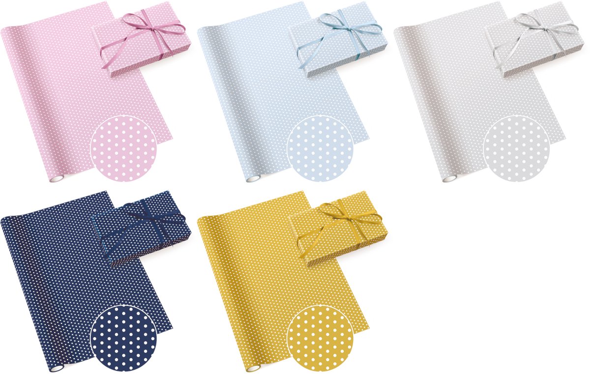 PAW decor Cadeaupapier met Stippen – 5 rollen – 70×200 cm – FSC® mix – pastel & metallic tinten