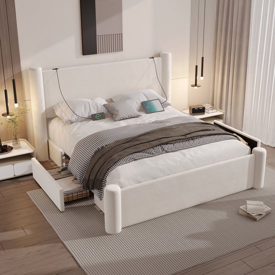 Cadre de lit 160 x 200 cm au design moderne, avec colonnes 3D, tête de lit rembourrée épaisse, 2 tiroirs de rangement et ports USB intégrés pour un confort pratique et un style élégant dans la chambre, beige