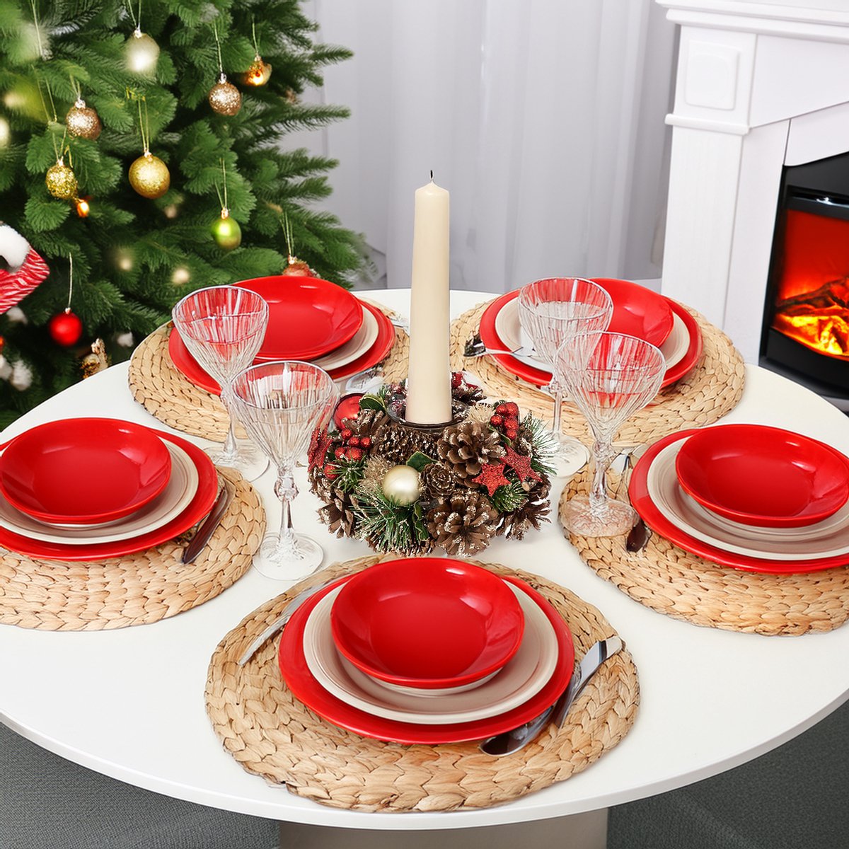 Feeric Christmas Kerststukje met kaarsenhouder - krans - rood tinten - natuur - 19 cm - tafeldecoratie - tafelornament – foto 2