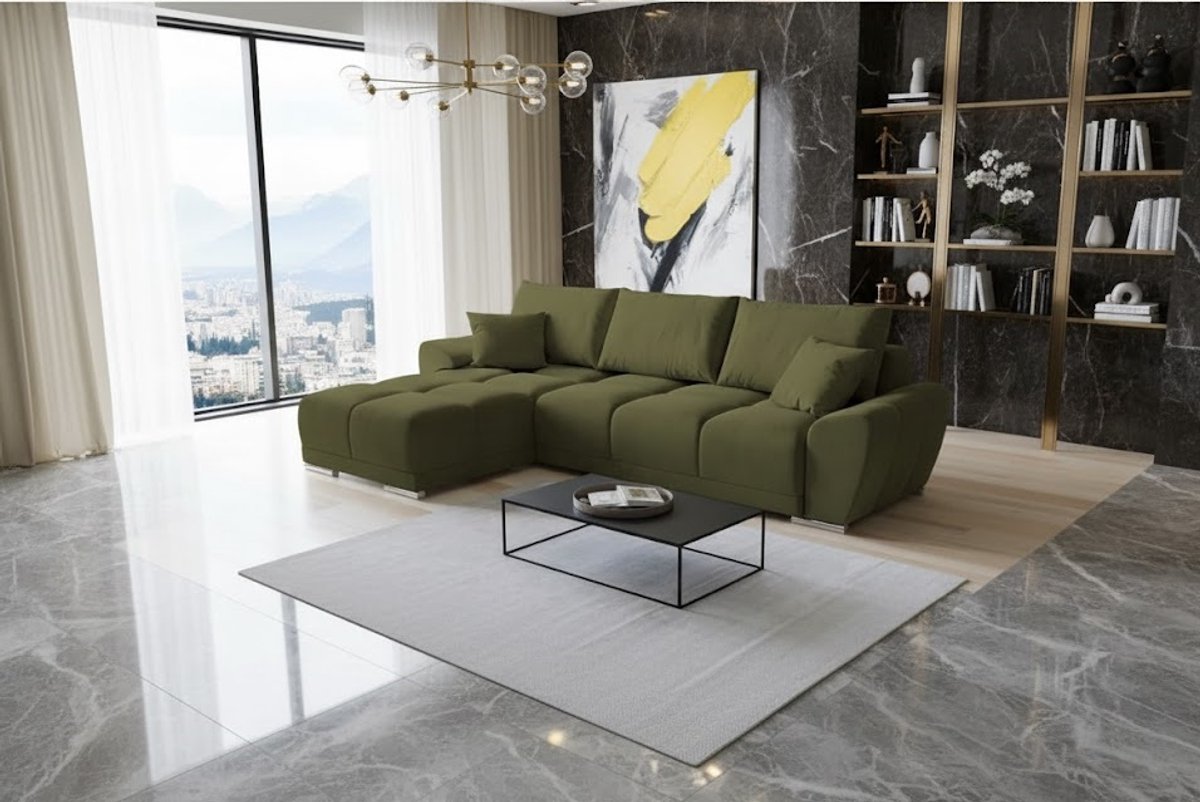 Hoekbank met Slaapfunctie & Opbergruimte - Luxe Fluwelen L-vorm Slaapbank 289x189 cm - Comfort CollFeel Zitting - Inclusief Kussens - Olijfgroen - Novihome