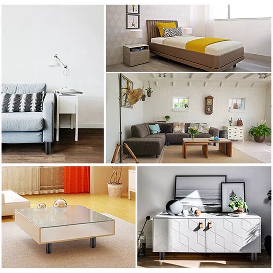Montage van zwarte meubelpoten onder diverse meubels: bank, bed, bijzettafel, salontafel, kast.