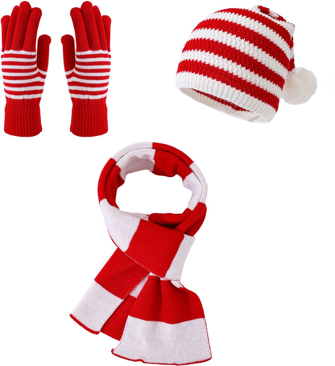 Gebreide kerstset met muts, sjaal en handschoenen - feestelijke Kerstman accessoires